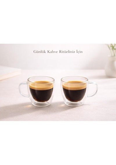 Çift Cidarlı 2 Li Kulplu Espresso Fincan Seti 80 Ml Şeffaf Espresso Kahve Kupaları, Shot Bardak