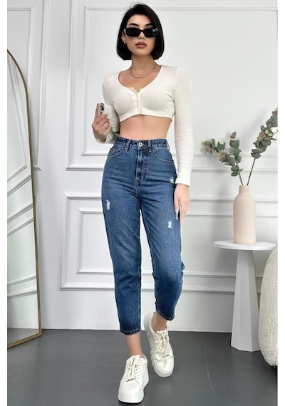 Mavi Yıpratmalı Kadın Boyfriend Jean Yüksek Bel Kot Pantolon Mabel Model 001