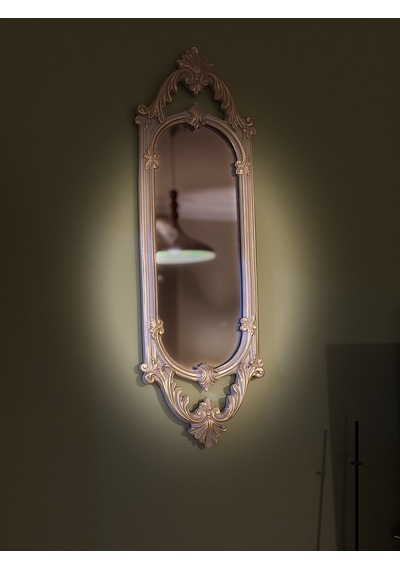 Kısa Oval Dekoratif Duvar Aynası Vizon & Eskitme Altın Varaklı 60x20 Cm Naturel