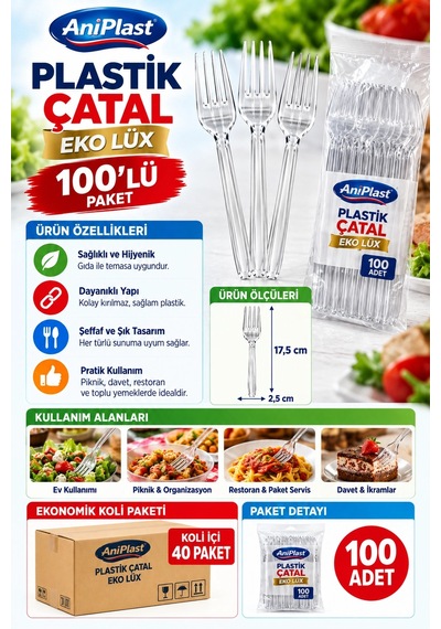 Anı Plast Plastik Çatal Eko Lüx 100'lü Koli İçi 40 Paket Çok Renkli