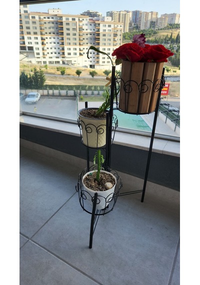 3 Hazneli Metal Bitki Standı / Çiçeklik - 18 Cm Saksı Uyumlu - Si