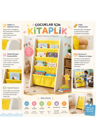 Çocuk Odası Bez Raflı Montessori Kitaplık - 4 Katlı 18mm Beyaz Mdf Ahşap Kitap Organizeri Sarı