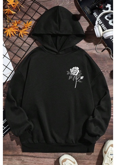 Uyguntarz White Rose Baskılı Erkek - Kız Çocuk Rahat Kalıp Sweatshirt Siyah Uyguntarz White Rose Baskılı Erkek - Kız Çocuk Rahat Kalıp Sweatshirt Siyah