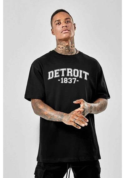 Medinenur Unisex Detroit Baskılı Tshirt Siyah