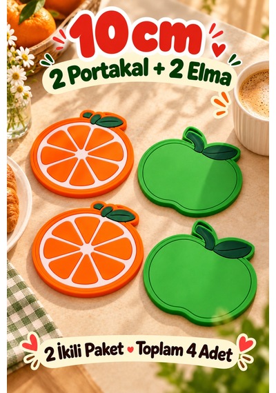 4'lü Portakal Elma Desenli Bardak Altlığı Seti 10 Cm Kahve Çay Fincan Altlığı Renkli Sunum Aksesuarı Çok Renkli