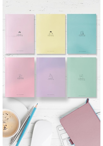 A5 Ebat Kalın Karton Kapaklı Ciltli 6'lı Defter Seti 2 Çizgili-çizgisiz-kareli 128 Sayfa 90
