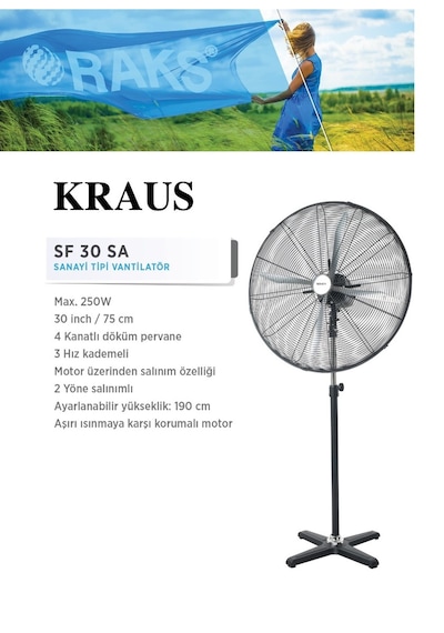Raks Kraus SF 30 SA Sanayi Tipi Ayaklı Vantilatör