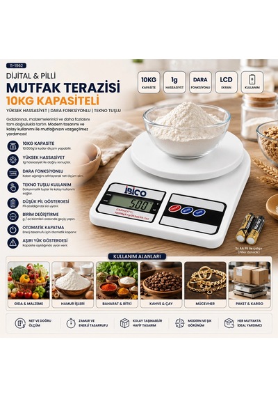 Dijital - Pilli Mutfak Terazisi Tartı 10kg / 1gr Bx40 Çok Renkli