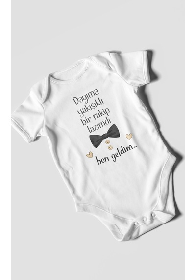 Morivokids Dayıya Özel Kısa Kollu Bebek Body %100 Pamuk Beyaz
