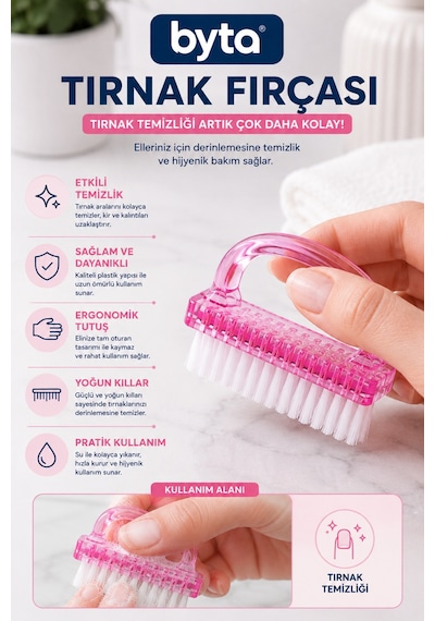 Ergonomik Saplı Tırnak Temizleme Fırçası Yoğun Kıllı Pratik Manikür Ve Tırnak Bakım Fırçası