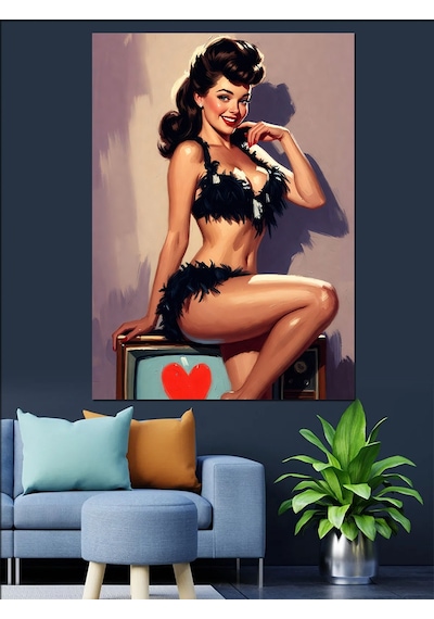 Çilekli Seksi Pin-up Kız Dekoratif Kanvas - Mdf Ahşap Tablo