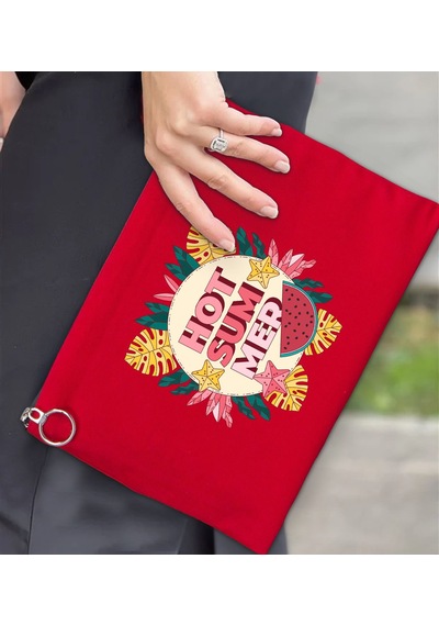 Bk Gift Yaz Temalı-8 Astarlı Kırmızı Portföy Çanta 30x21cm, Baskılı El Çantası, Organizer Çanta