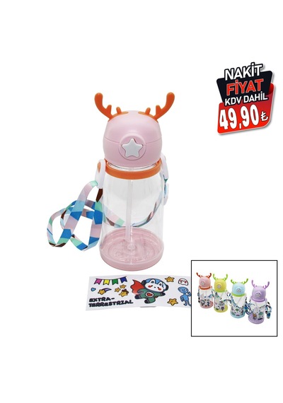 Geyik Modeli Pipetli Çocuk Matara Suluk Askı İpli Çok Renkli