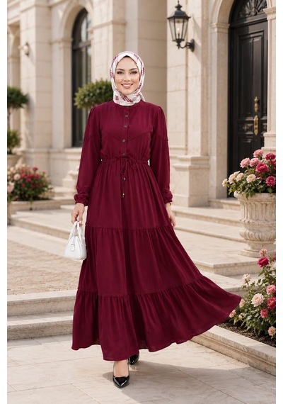 Hb Harma Time Butik Kadın Düğmeli Dantel Detaylı Beli Bağcıklı Ayrobin Bordo Elbise