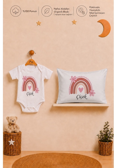 Pia Baby İsme Özel Kız Bebek Hediyesi %100 Pamuk Organik Baskılı Body Yastık Kılıfı Ve Ham Bez Kıyafet Kesesi 1003byk0x Ekru