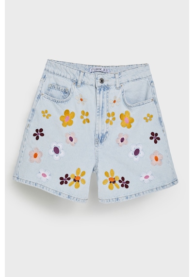 it's basic Kadın Ice Kot Rengi 3s5-3 Renkli Çiçek Nakışlı Midi Boy Rahat Kesim %100 Koton Tasarım Denim Şort Ice Rengi