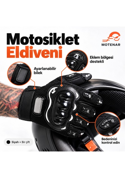 Motenar Motosiklet Eldiveni Siyah Bilek Ayarlı Bir Çift