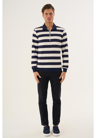 Çizgili Yarım Fermuarlı Polo Yaka Uzun Kollu Sweatshirt Lacivert