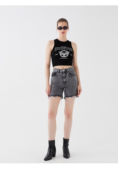 Lcw Jeans Siyah Bermuda Fit Yırtık Detaylı Kadın Jean Şort