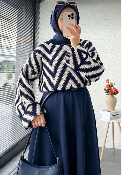 Trend Paris Retro Zigzag Desenli Oversize Örgü Triko Kazak Lacivert Standart