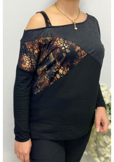 Mia Butik Büyük Beden Kahve Tek Omuz Leopar Detaylı Bluz-1583 Gri