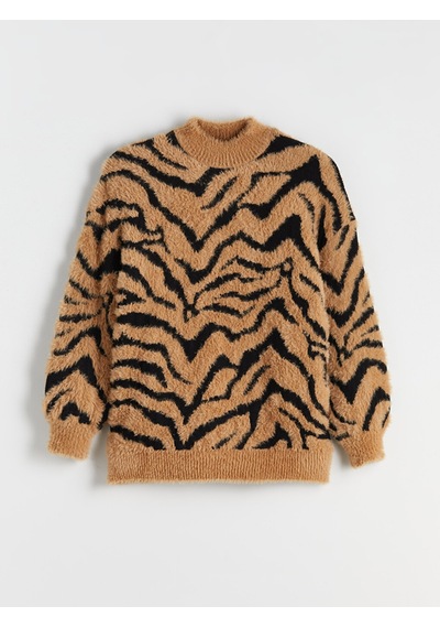 Lcw Modest Kahverengi Dik Yaka Leopar Desenli Kadın Triko Tunik