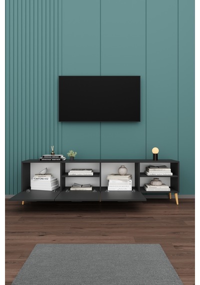Asra Trend Tv Ünitesi T-21 %100 MDF 200 cm Büyük Boy Tv Sehpası Dolaplı Raflı Koyu Gri