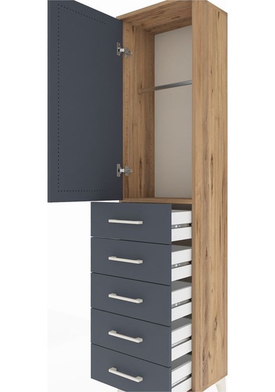 Arges Dolap Tek Raflı 5 Çekmeceli Tek Askılı 44x30x182 Çam-an... Çam