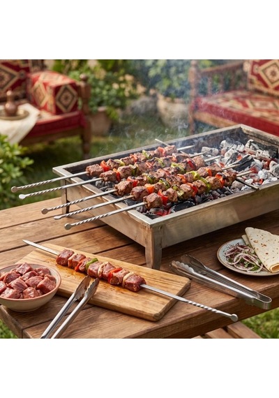 Özel Üretim Mangal Izgara Kebap Ocakbaşı Et Şiş Burgulu Kuşbaşı Şişi Metal Kalın Kare 50 Cm