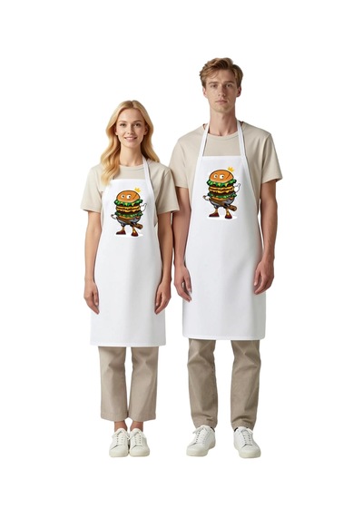 Erkek Unisex Mutfak Aşçı Önlüğü Karikatür Burger Baskılı Dtf Diji Beyaz