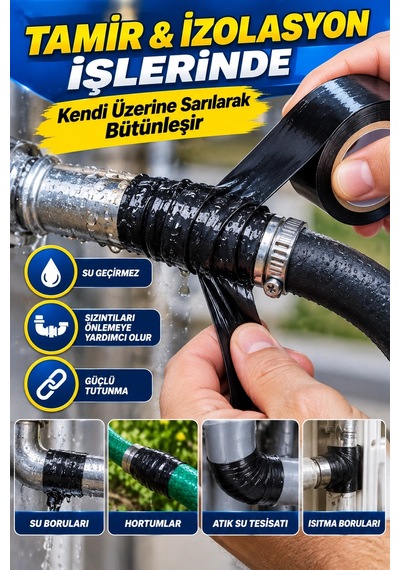 Kendinden Kaynayan Silikon Tamir Bandı Siyah 25 Mm 1,5 M 3 Kat Esnek, 8000 V Yalıtım