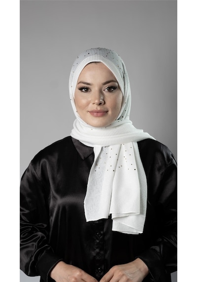 Hürrem Bone Beyaz Pratik Hazır Geçmeli Tesettür Şal Örme Kumaş Taş Desenli 2118t 42