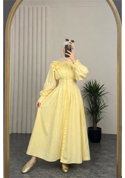 Neşeli Butik Kadın Sarı Belden Oturtmalı Çiçek Detaylı Premium Tesettür Elbise Nbvq4933
