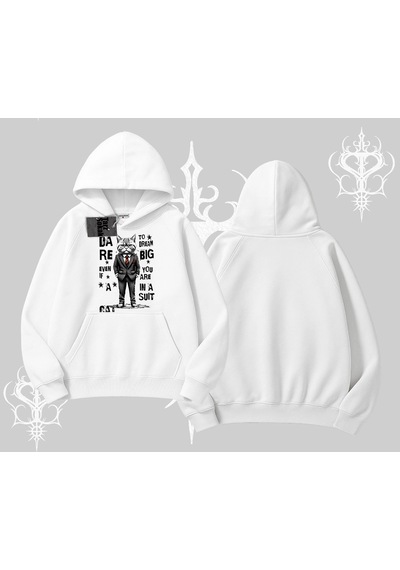 Startmore Dream Big Yazılı Takım Elbiseli Kedi Baskılı Kapşonlu Sweatshirt Beyaz