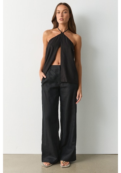Madmext Siyah Yüksek Bel Keten Wide Leg Pantolon Mg2718