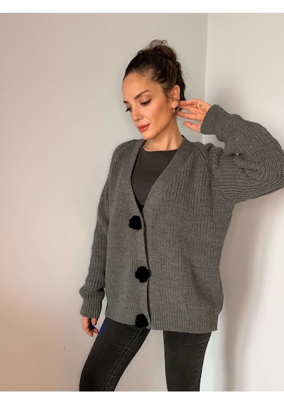 Ali Butik Antrasit Gül Motif Detaylı Triko Hırka Antrasit