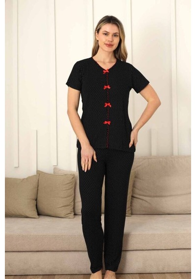 Monox Kadın Kırmızı Fiyonklu Beyaz Puantiyeli Kısa Kol Pijama Takımı Siyah