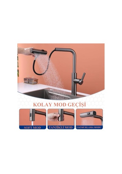 Rena Design Çok Modlu Antrasit Mutfak Evye Bataryasi Spiralli Çek Birak Başlik Yağmurlama Anrasit