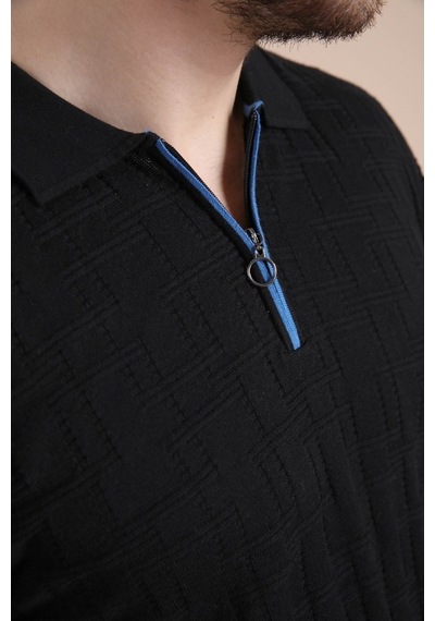 Ferraro Siyah Polo Yaka Fermuarlı Erkek Pamuk Triko T-Shirt-Siyah (490417671) Siyah