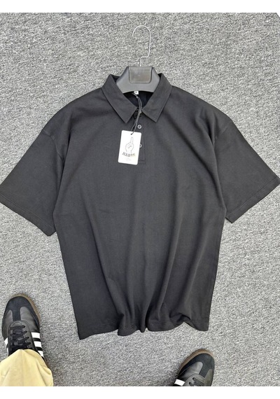 Erkek Polo Yaka Oversize T-shirt SIYAH