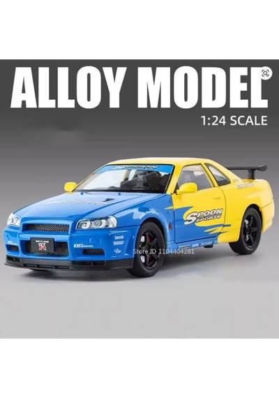 Nissan Skyline Gtr R34 Modifiyeli 1:24 Diecast Metal Model Araba Koleksiyon Sesli Işıklı Sarı Mavi