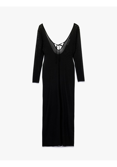 Koton V Yaka Uzun Kollu Slim Fit Tül Plaj Elbisesi Siyah 6sak80029mk