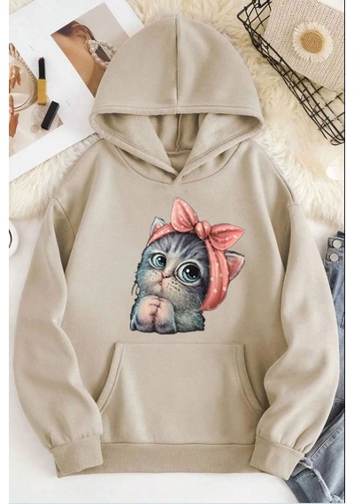 Medinenur Sevimli Kedi Baskılı Kadın Kapüşonlu Sweatshirt Bej