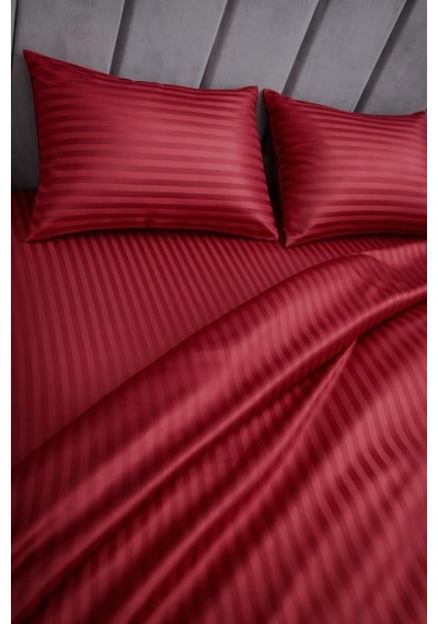 Tr Wova Home Burgundy Stripe Çift Kişilik Nevresim Takımı%90 Pamuk 83 Tel Saten Çizgili Lastikli Çarşaflı Nevres Diğer