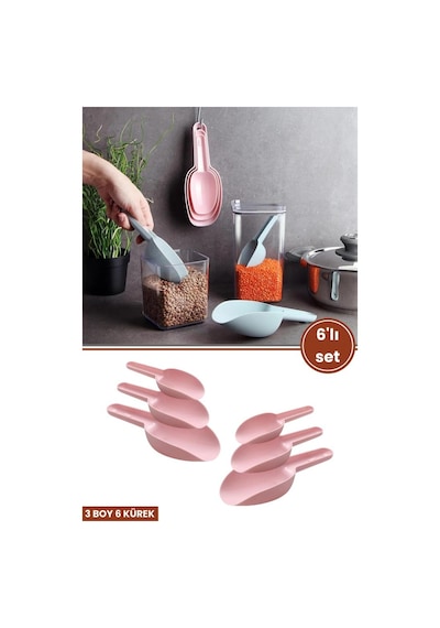 6 Adet Baharat Küreği, Un Şeker Bakliyat Kakao Mama Deterjan Erzak Kaşığı 6 Lı Set 2x 3 Boy Pembe Pembe