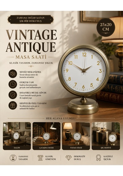 Vintage Luxury 25 X 20 Cm Eskitme Metal Masa Saati
