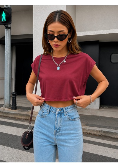Bonnywıll Bonnywılll Bisiklet Yaka Düşük Kol Crop T-shırt Kırmızı