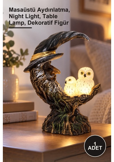 1 Adet Ay Ağacı Baykuş Ledli Dekoratif Gece Lambası Masaüstü Aydınlatma, Night Light, Table Lamp, Dekoratif Figür