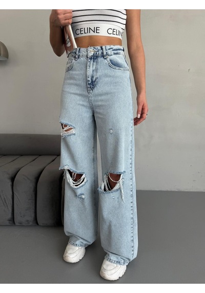 Kadın Baggy Fit Lazerli Yüksek Bel Geniş Paça Kot Pantolon Açık Mavi Mavi+açık
