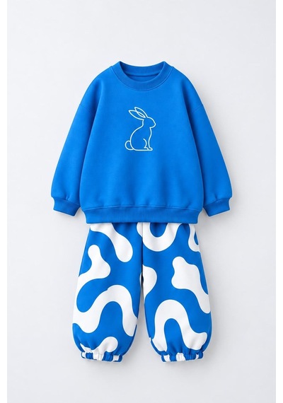 Monila Kız Çocuk 3 İplik Pamuklu Mavi Tavşan Baskılı Sweatshirt Ve Baskılı Altlı Alt Üst Takım Monila Kız Çocuk 3 İplik Pamuklu Mavi Tavşan Baskılı Sweatshirt Ve Baskılı Altlı Alt Üst Takım